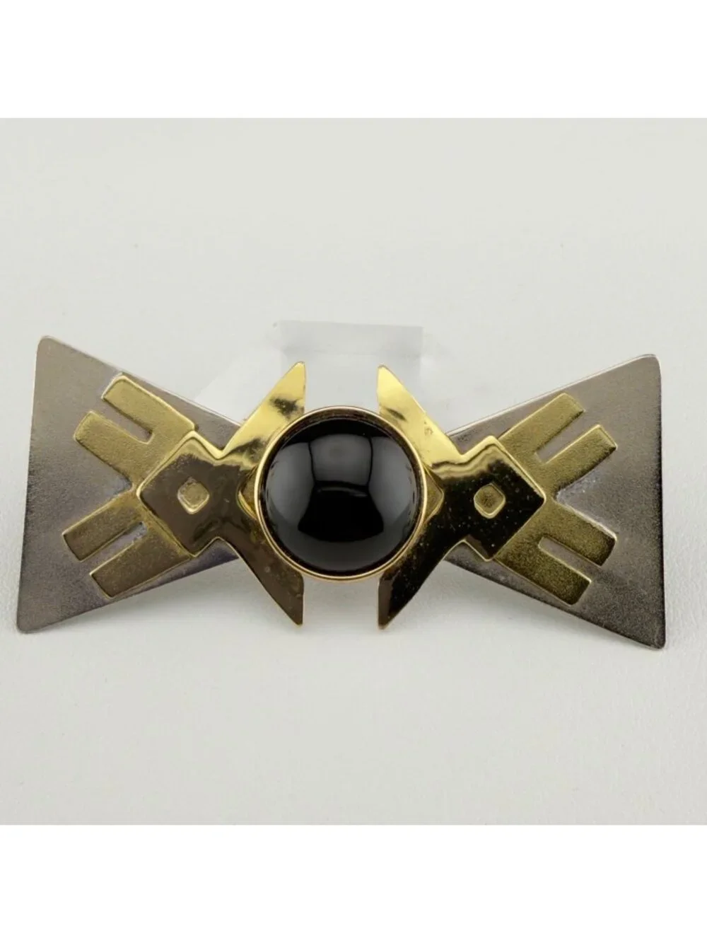 Vintage Modernist Geometric Brooch Black Cabochon Gold and Silver Tone Statement